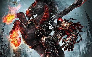 black horse illustration, Darksiders, sword, armor, horse