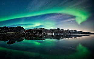 Northern lights, aurorae, landscape, reflection, water