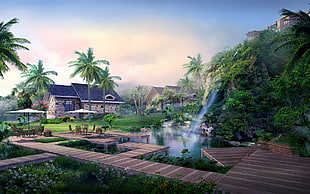 brown wooden dock, palm trees, CGI