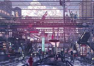 train station with people anime digital wallpaper