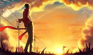 boy and girl on sunset anime illustration