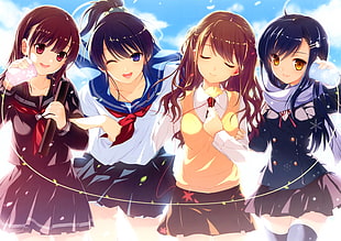 four anime female characters in school uniforms