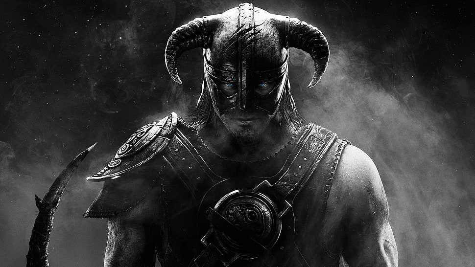 man wearing bull mask digital wallpaper, The Elder Scrolls V: Skyrim, selective coloring, video games, looking at viewer HD wallpaper