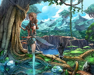 fairy standing under tree painting, anime