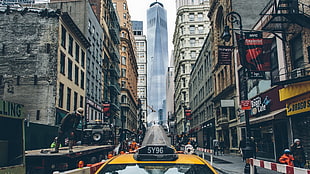 grey and brown high-rise concrete building, city, New York City, taxi, building