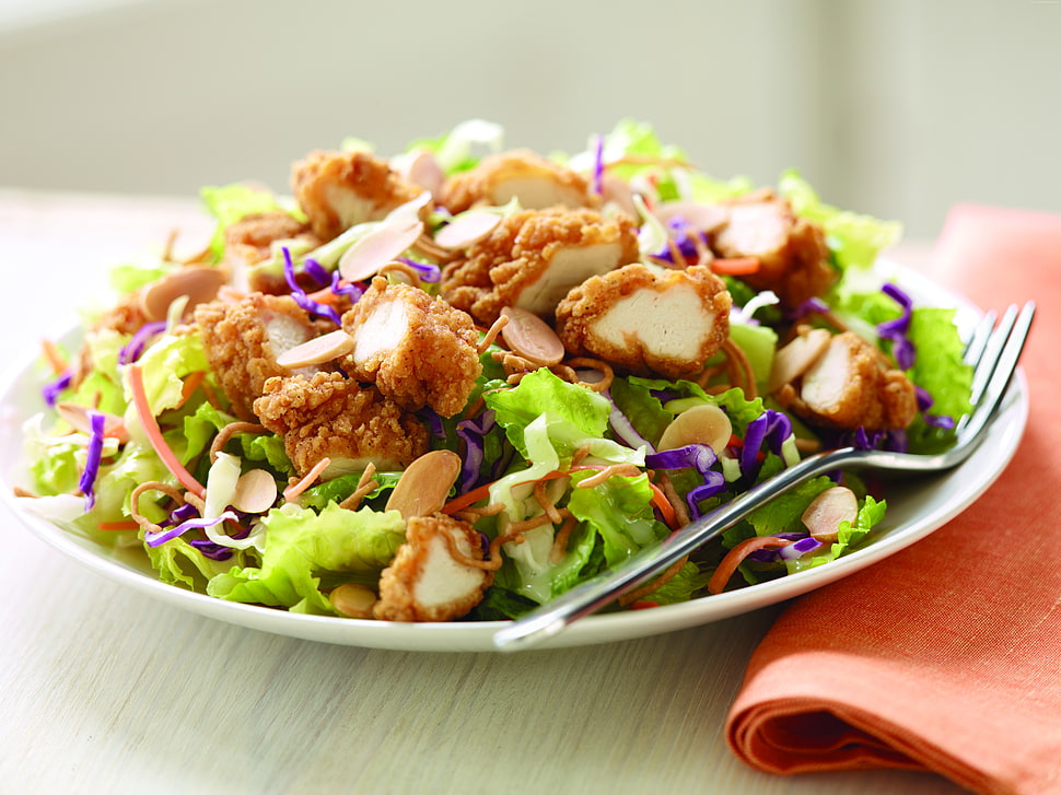 vegetable salad with slice of fried chickens HD wallpaper