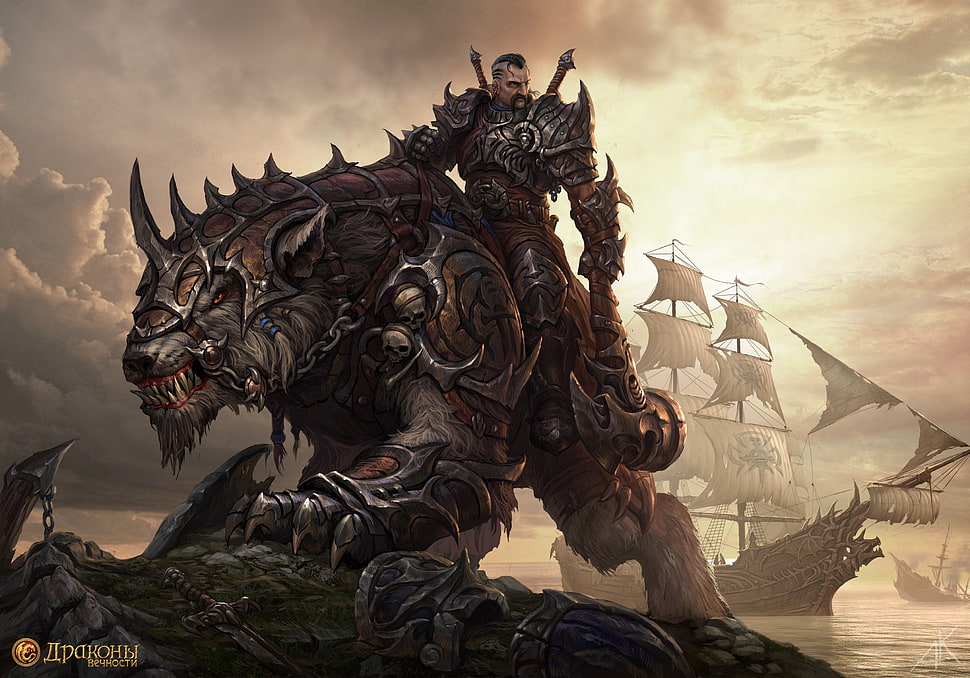 warrior riding on werewolf illustration, warrior, axes, creature, fantasy art HD wallpaper