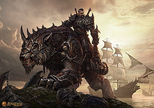 warrior riding on werewolf illustration, warrior, axes, creature, fantasy art