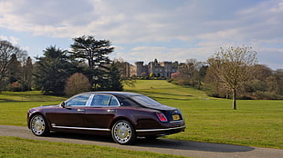maroon sedan on gray asphalt road between green grass fields during daytime