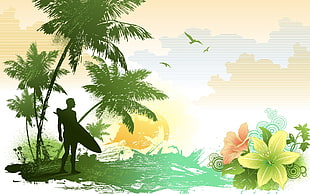 silhouette of a man holding surf board surrounded by island garden illustration