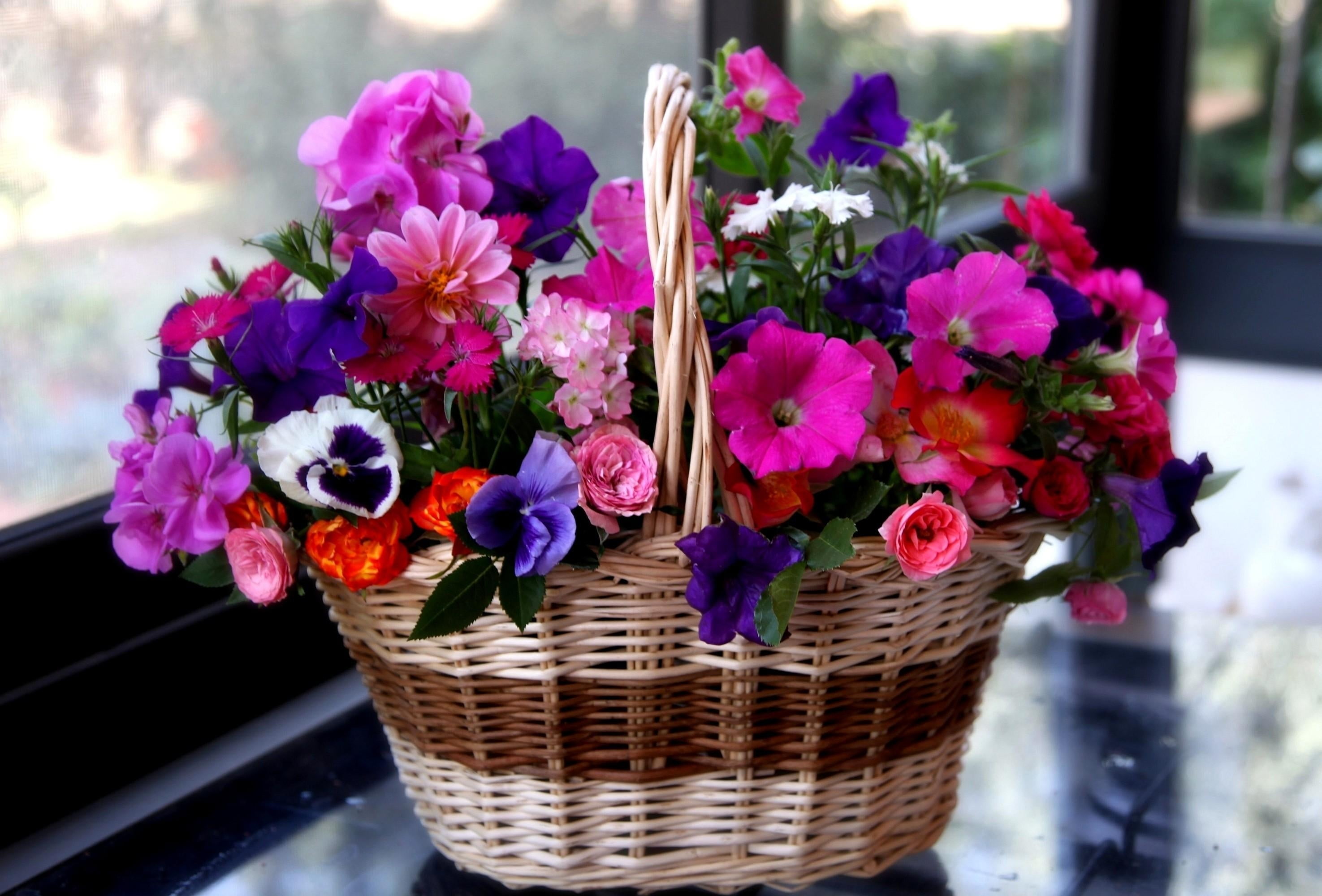 selective focus photography of pink and purple petaled flowers in brown wicker bkaset