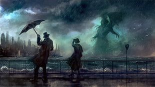 man and woman standing on baywalk with heavy rain and large monster illustration, artwork, Cthulhu