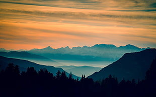 silhouette of mountains at sunset, sky, mountains, landscape, clouds