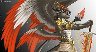 dragon character digital wallpaper, Anthro, furry, sword, wings