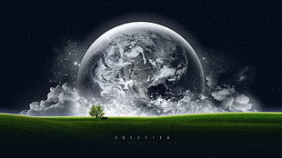 earth and field 3D art, moonlight, planet, nature, space