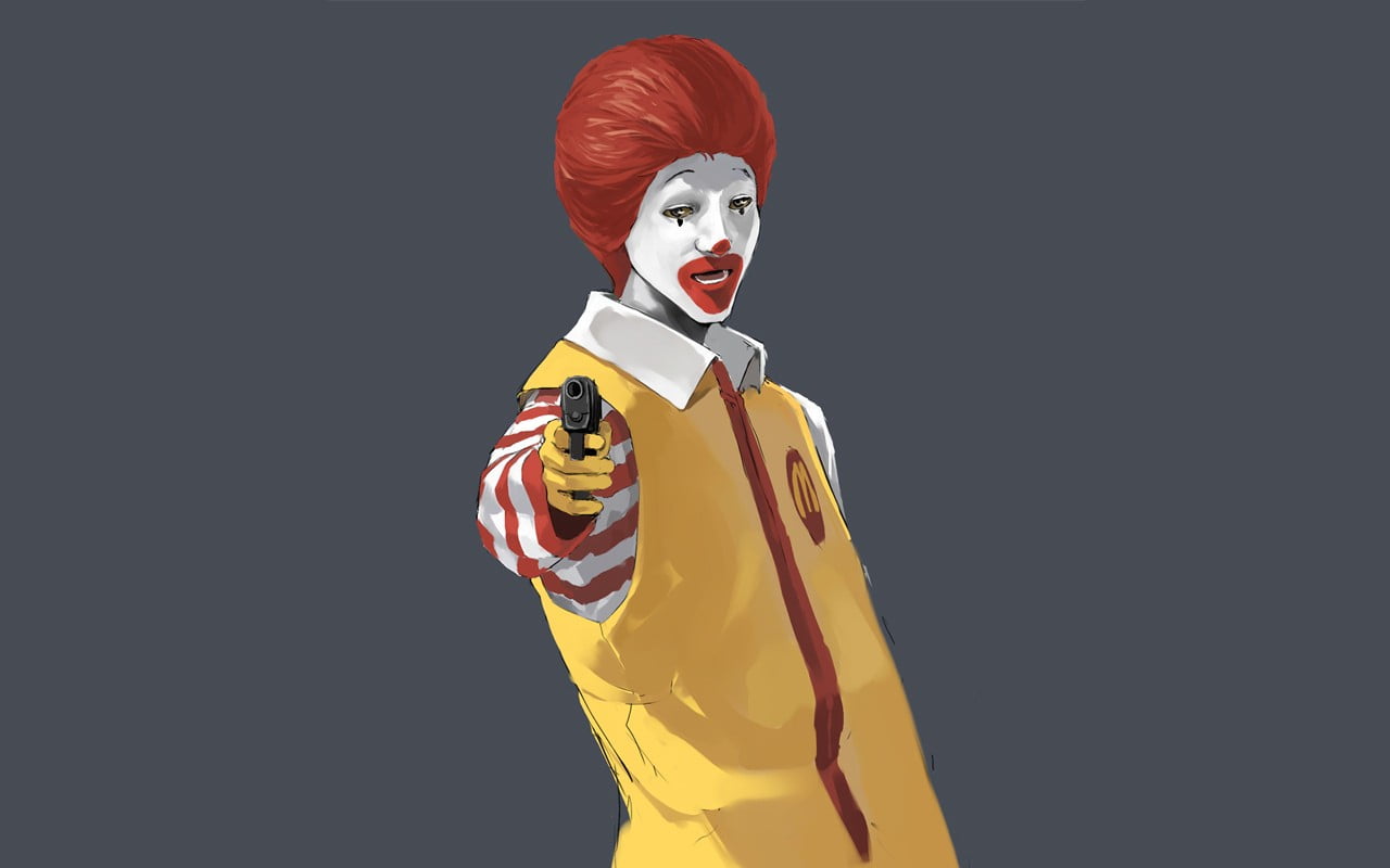 McDonalds digital wallpaper, McDonald's, gun, Ronald McDonald, dark humor