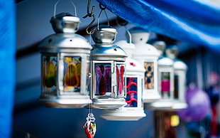 shallow focus of white lanterns, lantern, decorations, stained glass, lamp