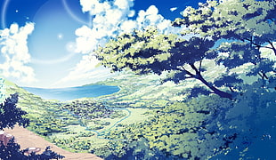 tree anime illustration, anime, landscape, sky, trees