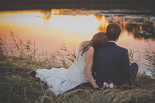 bride and groom photo near the river HD wallpaper