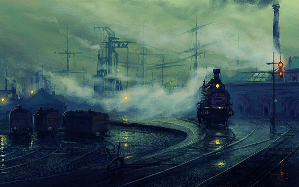 illustration on black train surrounded by fog HD wallpaper