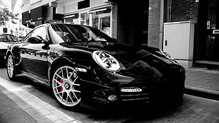 black coupe, car, Porsche, Porsche GT3 , selective coloring