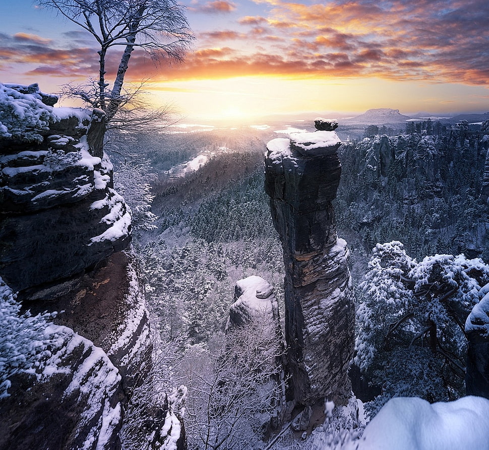 gray rock formation, winter, sunset, forest, cliff HD wallpaper