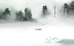 man on boat fishing on lake near mountains painting, chinese classical, fantasy art, artwork
