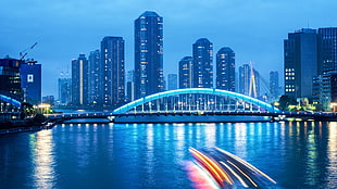 blue and gray bridge, photography, urban, city, night HD wallpaper