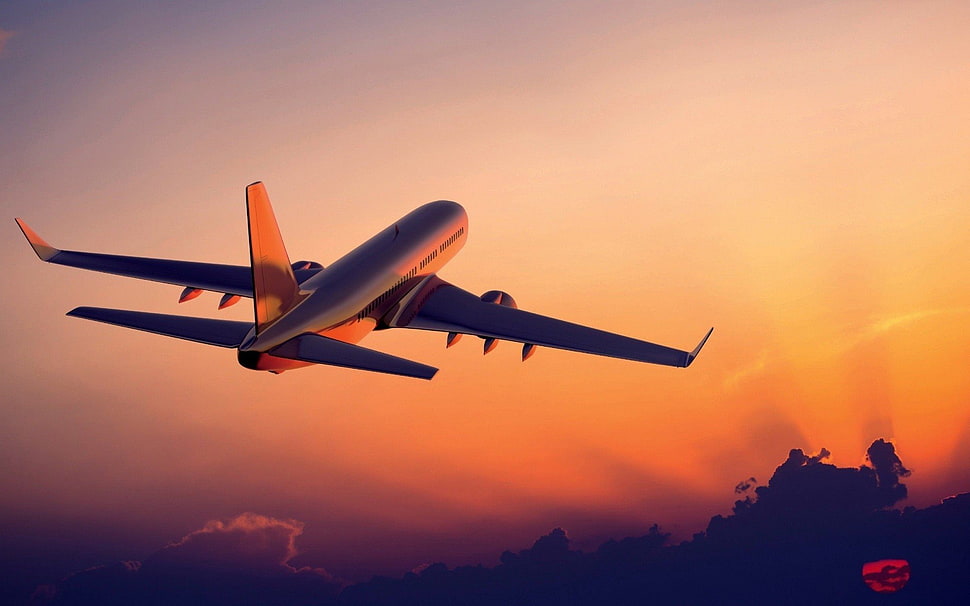 passenger airplane on air during sunset, aircraft, passenger aircraft, airplane, sunset HD wallpaper
