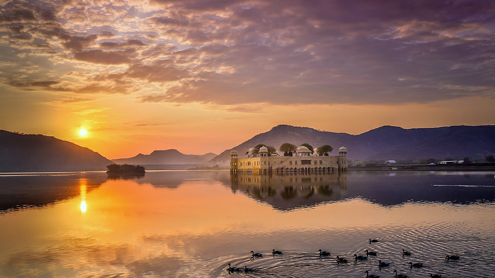 white mosque, landscape, reflection, water HD wallpaper