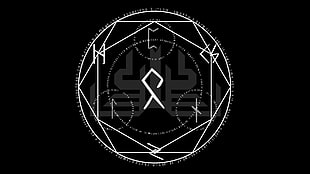 black and gray logo, magic circle, minimalism, black background, runes