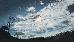 gray utility pole, 5 Centimeters Per Second, clouds, grass, power lines