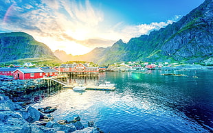 white boat and red houses, Lofoten, Norway, nature, lake