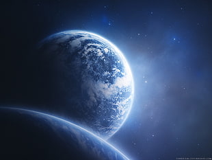 blue and white planet, space, planet, space art, digital art
