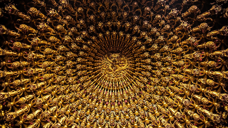 gold wall decor, Taiwan, temple, dragon HD wallpaper
