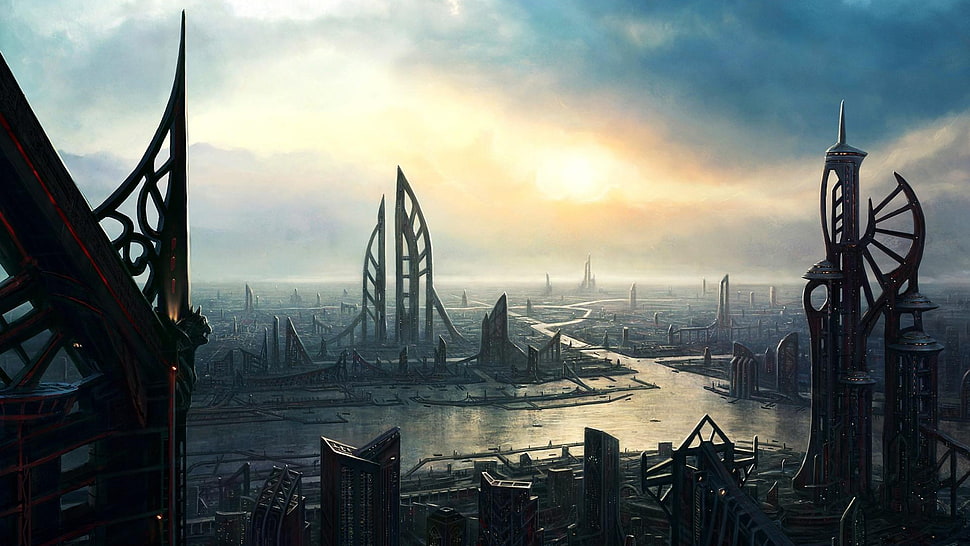high-rise building digital wallpaper, fantasy art, science fiction HD wallpaper
