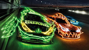 three red, green, and blue race cars poster, car, Nascar