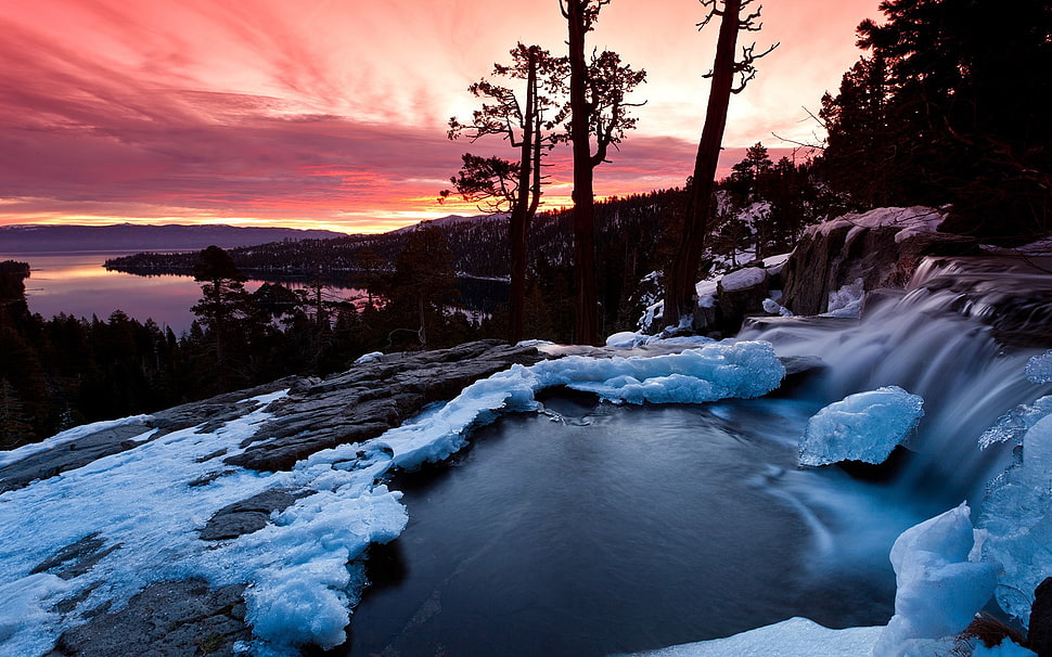 frozen body of water, landscape, sunset, winter, snow HD wallpaper