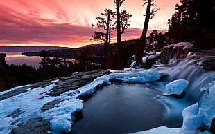 frozen body of water, landscape, sunset, winter, snow