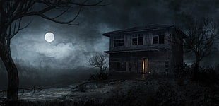 black two storey house, artwork, spooky, night, Moon