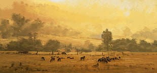brown farm painting, artwork, landscape, painting HD wallpaper