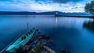 green punt boat, nature, lake, Sumatra, boat