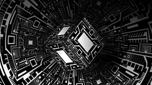 black and white data cube, optical illusion, optical art, black, white HD wallpaper
