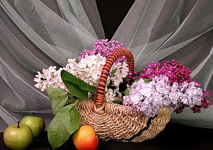 several flowers in basket with fruits