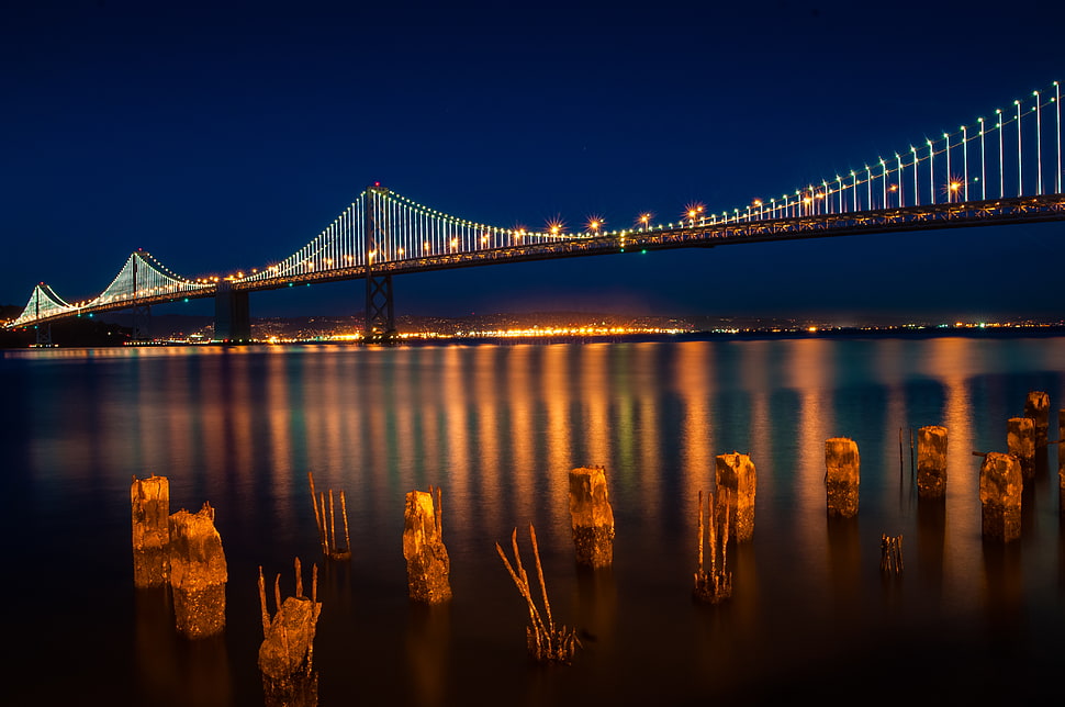 bridge at night time HD wallpaper