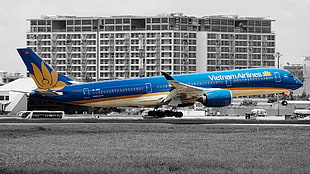 blue and white Vietnam Airlines, selective coloring, airplane, Airbus