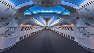 white and blue cabin, symmetry, interior, modern, airplane