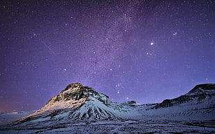 snow covered mountain digital wallpaper, space, universe, stars