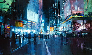 New York Times Square painting, artwork, city, road, lights