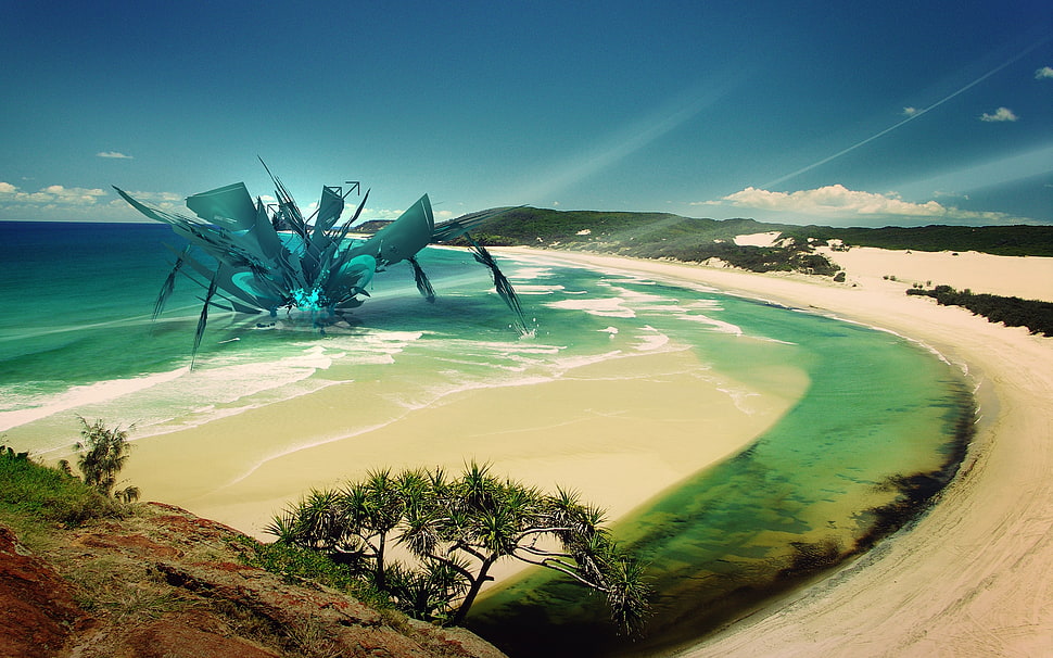 gray robot on seashore illustration HD wallpaper
